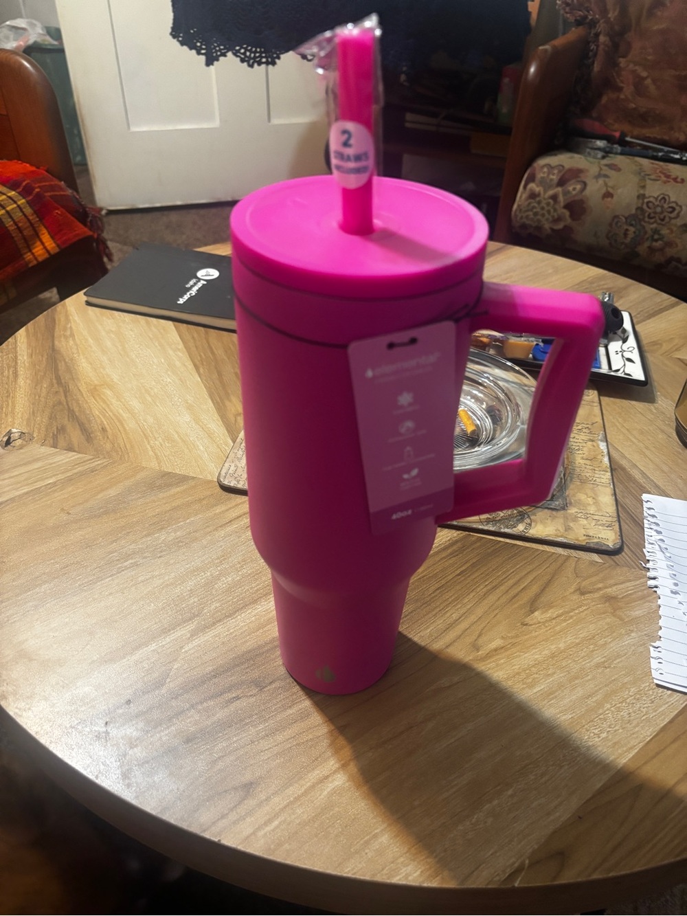 Hot Pink Insulated Travel Tumbler with Handle & Straw elemental brand